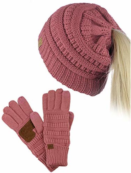 C.C BeanieTail Messy High Bun Cable Knit Beanie and Anti-Slip Touchscreen Gloves Set