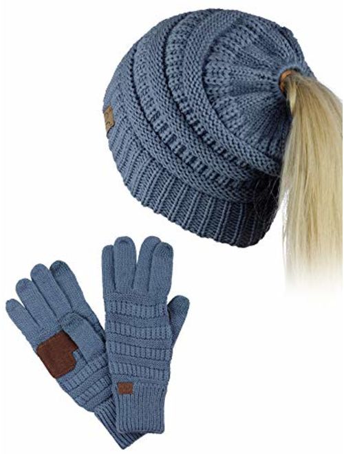 C.C BeanieTail Messy High Bun Cable Knit Beanie and Anti-Slip Touchscreen Gloves Set