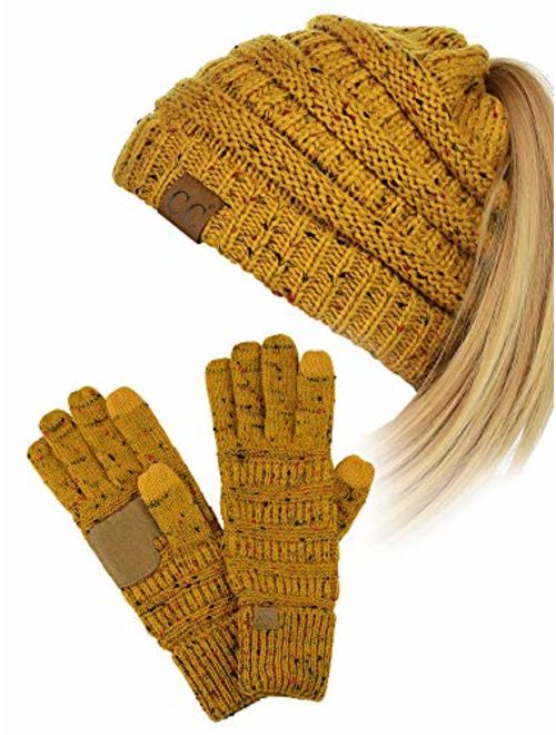 C.C BeanieTail Messy High Bun Cable Knit Beanie and Anti-Slip Touchscreen Gloves Set