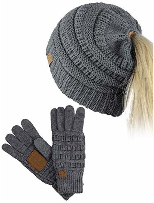 C.C BeanieTail Messy High Bun Cable Knit Beanie and Anti-Slip Touchscreen Gloves Set