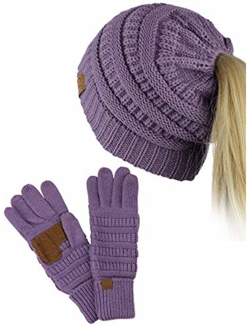 C.C BeanieTail Messy High Bun Cable Knit Beanie and Anti-Slip Touchscreen Gloves Set