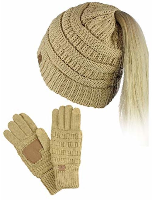 C.C BeanieTail Messy High Bun Cable Knit Beanie and Anti-Slip Touchscreen Gloves Set