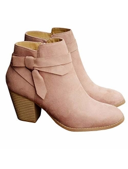 Women's Tie Knot Chelsea Pump Ankle Boots Closed Toe Stacked Heel Booties Shoes