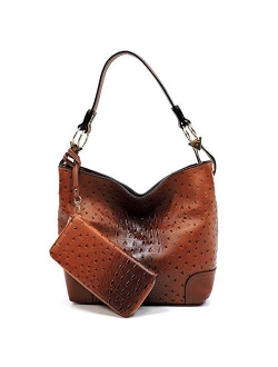 2 PC Set Ostrich Croco Embossed Vegan Faux Leather Hobo Shoulder Bag Classic Bucket Purse with Matching Wallet