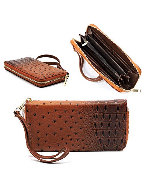 2 PC Set Ostrich Croco Embossed Vegan Faux Leather Hobo Shoulder Bag Classic Bucket Purse with Matching Wallet