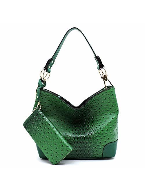 2 PC Set Ostrich Croco Embossed Vegan Faux Leather Hobo Shoulder Bag Classic Bucket Purse with Matching Wallet