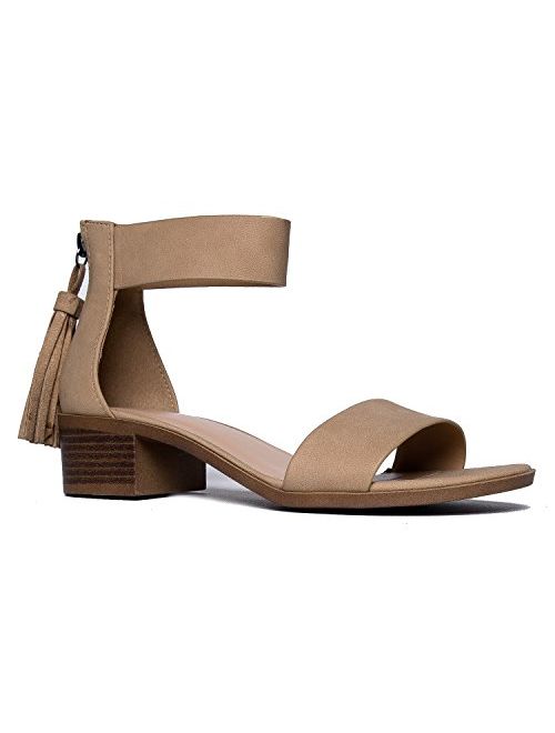 J. Adams Ankle Strap Kitten Heel Strappy Block Heel - Cute Low Sandal - Faux Leather Vegan - Midori