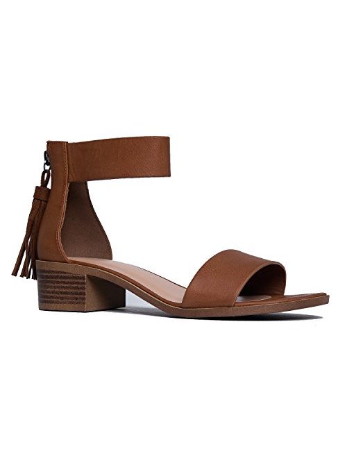 J. Adams Ankle Strap Kitten Heel Strappy Block Heel - Cute Low Sandal - Faux Leather Vegan - Midori