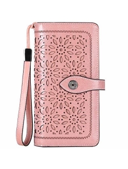 HUANLANG Women Wallets Large Ladies Leather Wallet with Coin Pocket RFID Wallet Organizer for Women with Wrist Strap