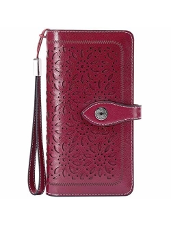 HUANLANG Women Wallets Large Ladies Leather Wallet with Coin Pocket RFID Wallet Organizer for Women with Wrist Strap