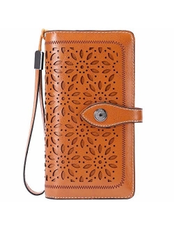 HUANLANG Women Wallets Large Ladies Leather Wallet with Coin Pocket RFID Wallet Organizer for Women with Wrist Strap