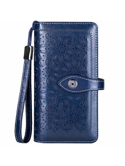 HUANLANG Women Wallets Large Ladies Leather Wallet with Coin Pocket RFID Wallet Organizer for Women with Wrist Strap