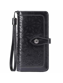 HUANLANG Women Wallets Large Ladies Leather Wallet with Coin Pocket RFID Wallet Organizer for Women with Wrist Strap