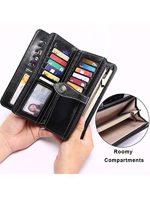 HUANLANG Women Wallets Large Ladies Leather Wallet with Coin Pocket RFID Wallet Organizer for Women with Wrist Strap