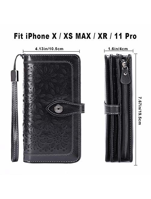 HUANLANG Women Wallets Large Ladies Leather Wallet with Coin Pocket RFID Wallet Organizer for Women with Wrist Strap