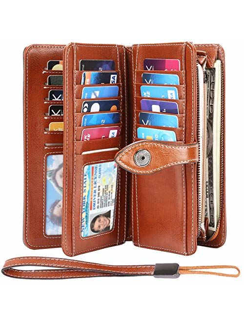 HUANLANG Women Wallets Large Ladies Leather Wallet with Coin Pocket RFID Wallet Organizer for Women with Wrist Strap