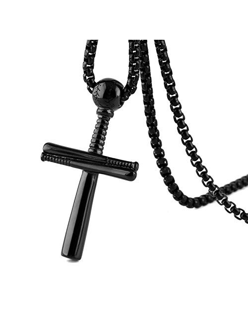 HZMAN Athletes Cross Necklace by Sports Pendant Stainless Steel Baseball and Baseball Bat Cross Necklace, Large and Small