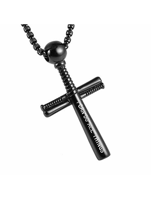 HZMAN Athletes Cross Necklace by Sports Pendant Stainless Steel Baseball and Baseball Bat Cross Necklace, Large and Small