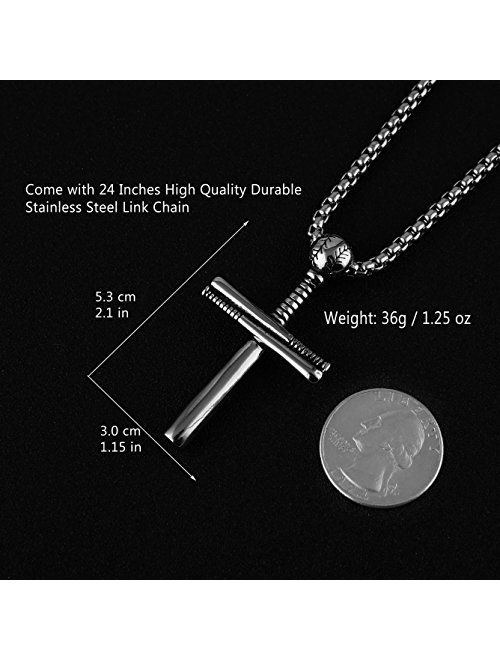 HZMAN Athletes Cross Necklace by Sports Pendant Stainless Steel Baseball and Baseball Bat Cross Necklace, Large and Small