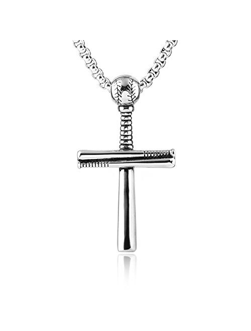 HZMAN Athletes Cross Necklace by Sports Pendant Stainless Steel Baseball and Baseball Bat Cross Necklace, Large and Small