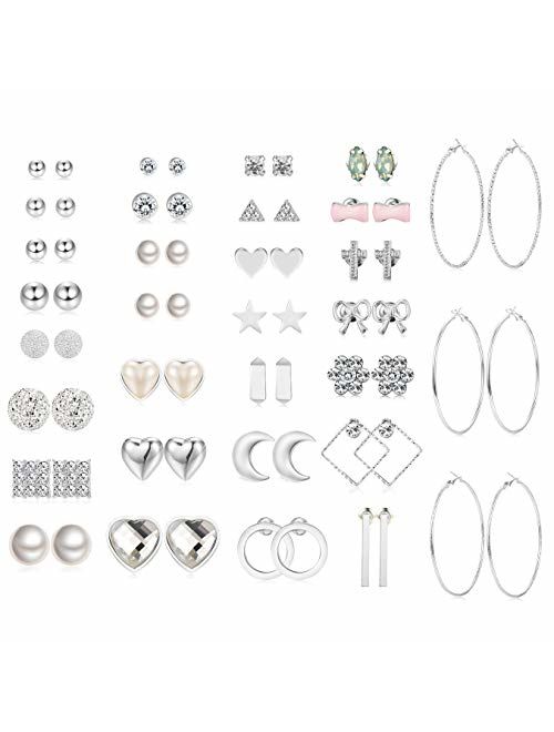 Jstyle 32 Pairs Assorted Multiple Stud Earrings for Women Simple Cute Big Hoop Earrings Set