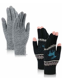 Simplicity 2 Pairs Women's Winter 3 Finger Touchscreen Sensitive Double Layered Warm Knit Gloves