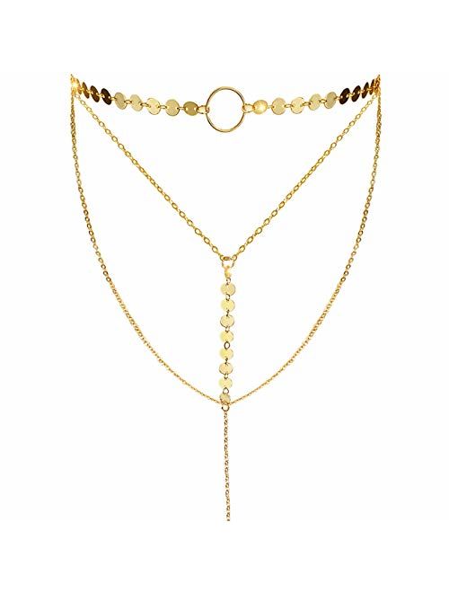 Suyi Stylish Layered Sequins Choker Necklace with Thin Long Chain Pendant for Women Lady Girl