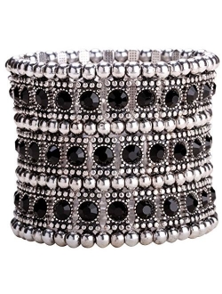 YACQ Women's Multilayer Stretch Cuff Bracelets Fit Wrist Size 6-1/2 to 7-1/2 Inch - Soft Elastic Band & 3 Row Crystals - 2 Inch Wide - Lead & Nickle Free