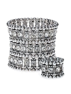 YACQ Women's Multilayer Stretch Cuff Bracelets Fit Wrist Size 6-1/2 to 7-1/2 Inch - Soft Elastic Band & 3 Row Crystals - 2 Inch Wide - Lead & Nickle Free