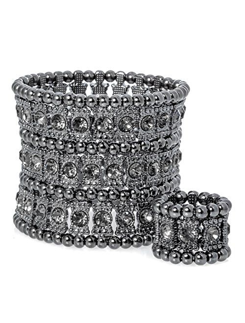 YACQ Women's Multilayer Stretch Cuff Bracelets Fit Wrist Size 6-1/2 to 7-1/2 Inch - Soft Elastic Band & 3 Row Crystals - 2 Inch Wide - Lead & Nickle Free