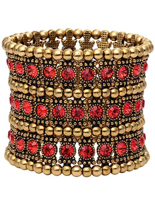 YACQ Women's Multilayer Stretch Cuff Bracelets Fit Wrist Size 6-1/2 to 7-1/2 Inch - Soft Elastic Band & 3 Row Crystals - 2 Inch Wide - Lead & Nickle Free