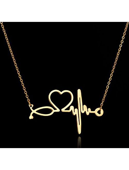 SXNK7 Stainless Steel Nurse Doctor Medical Stethoscope Chain Bijoux Collier EKG Heartbeat Love You Necklaces