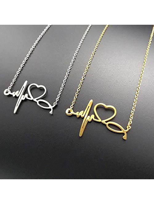 SXNK7 Stainless Steel Nurse Doctor Medical Stethoscope Chain Bijoux Collier EKG Heartbeat Love You Necklaces