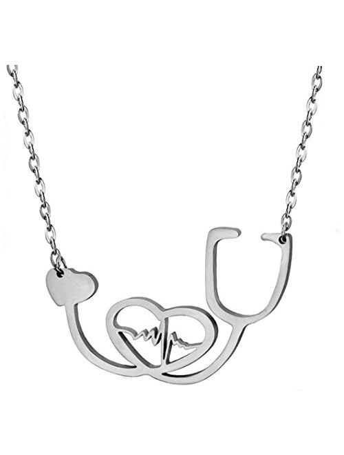 SXNK7 Stainless Steel Nurse Doctor Medical Stethoscope Chain Bijoux Collier EKG Heartbeat Love You Necklaces