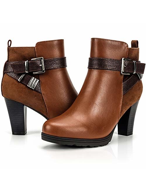 mysoft Women's Zipper Bootie Chunky Stacked Heel Ankle Boots Buckle Strap Ankle