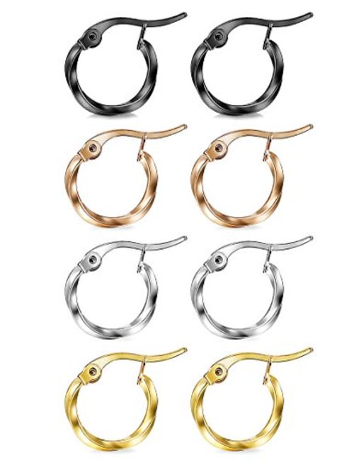 FIBO STEEL 4 Pairs 4 Colors Stainless Steel Small Hoop Earrings for Women Huggie Earrings 10MM-25MM