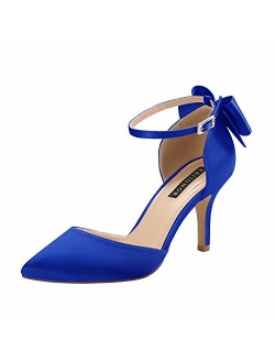 ERIJUNOR Wedding Evening Party Shoes Comfortable Mid Heels Pumps with Bow Knot Ankle Strap Wide Width Satin Shoes