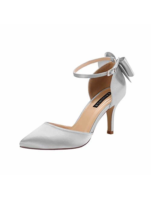 ERIJUNOR Wedding Evening Party Shoes Comfortable Mid Heels Pumps with Bow Knot Ankle Strap Wide Width Satin Shoes