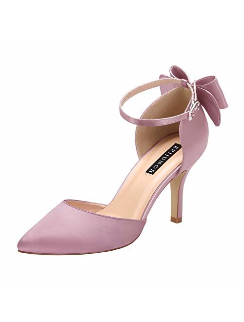 ERIJUNOR Wedding Evening Party Shoes Comfortable Mid Heels Pumps with Bow Knot Ankle Strap Wide Width Satin Shoes