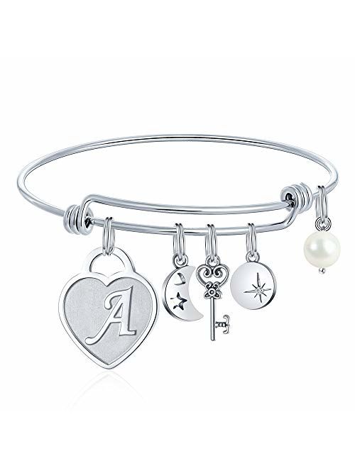 M MOOHAM Initial Charm Bracelets for Women Gifts - Engraved 26 Letters Initial Charms Bracelet Stainless Steel Bangle Bracelet Birthday Christmas Jewelry Gift for Women T