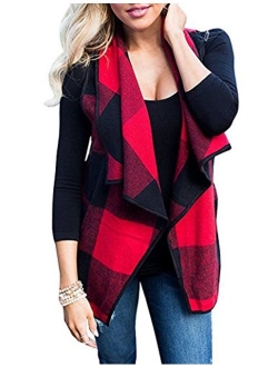 Yanekop Womens Lapel Sleeveless Open Front Hem Plaid Vest Cardigan Jacket with Pockets