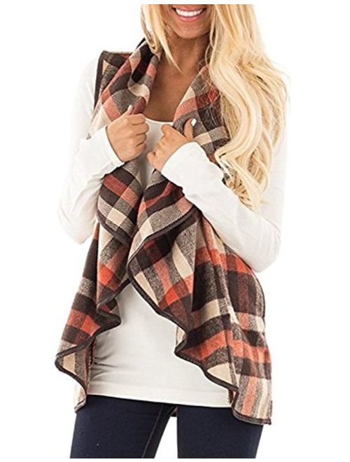 Yanekop Womens Lapel Sleeveless Open Front Hem Plaid Vest Cardigan Jacket with Pockets