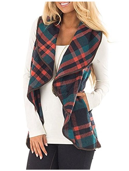 Yanekop Womens Lapel Sleeveless Open Front Hem Plaid Vest Cardigan Jacket with Pockets