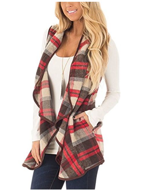 Yanekop Womens Lapel Sleeveless Open Front Hem Plaid Vest Cardigan Jacket with Pockets