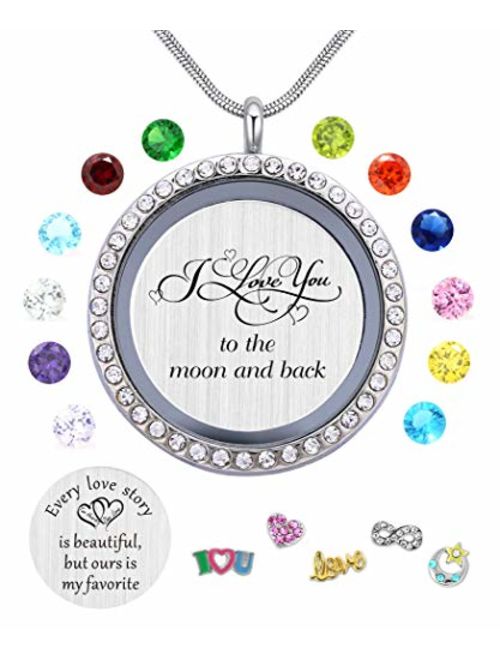 Best Gift Floating Charm Living Memory Lockets with Birthstone,Magnetic Closure 30mm Stainless Steel Necklace