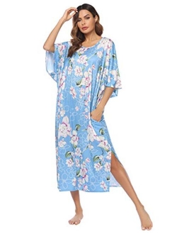 Nightgown, Womens Round Neck/V Neck Loungewear Oversized Pajama Loose Pockets Long Sleep Dress