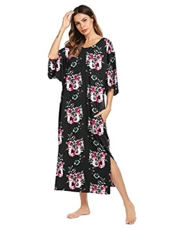 Nightgown, Womens Round Neck/V Neck Loungewear Oversized Pajama Loose Pockets Long Sleep Dress