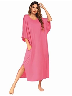 Nightgown, Womens Round Neck/V Neck Loungewear Oversized Pajama Loose Pockets Long Sleep Dress