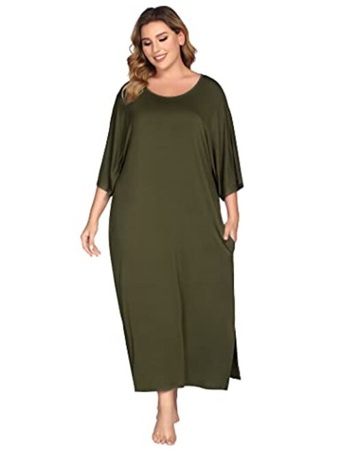 Ekouaer Nightgown, Womens Round Neck/V Neck Loungewear Oversized Pajama Loose Pockets Long Sleep Dress