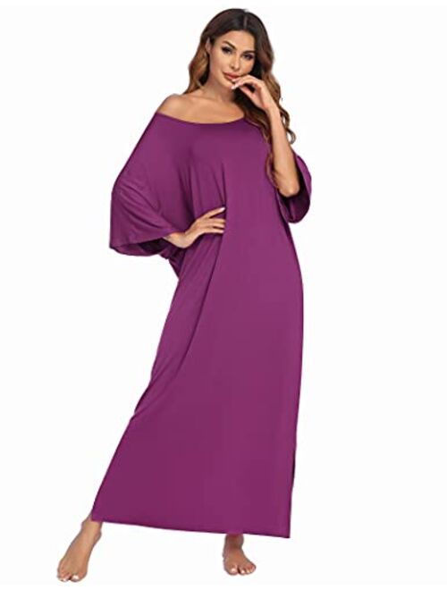 Ekouaer Nightgown, Womens Round Neck/V Neck Loungewear Oversized Pajama Loose Pockets Long Sleep Dress